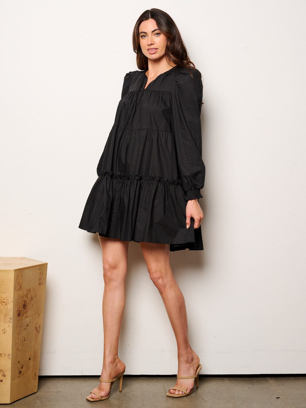 WOMEN'S LONG SLEEVE V-NECK TIERED TUNIC MINI DRESS