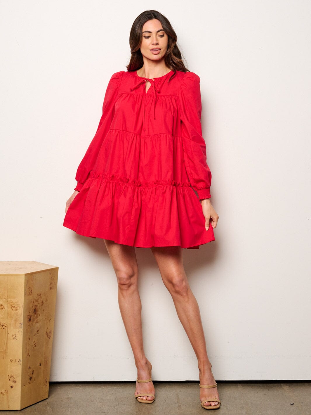 WOMEN'S LONG SLEEVE V-NECK TIERED TUNIC MINI DRESS