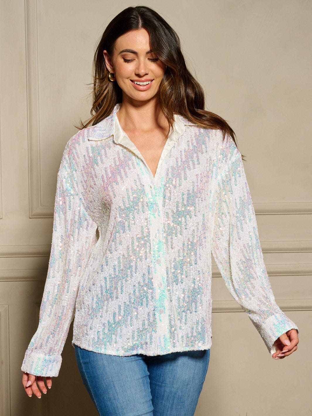 WOMEN'S LONG SLEEVE BUTTON UP SEQUINS OVERSIZE BLOUSE TOP