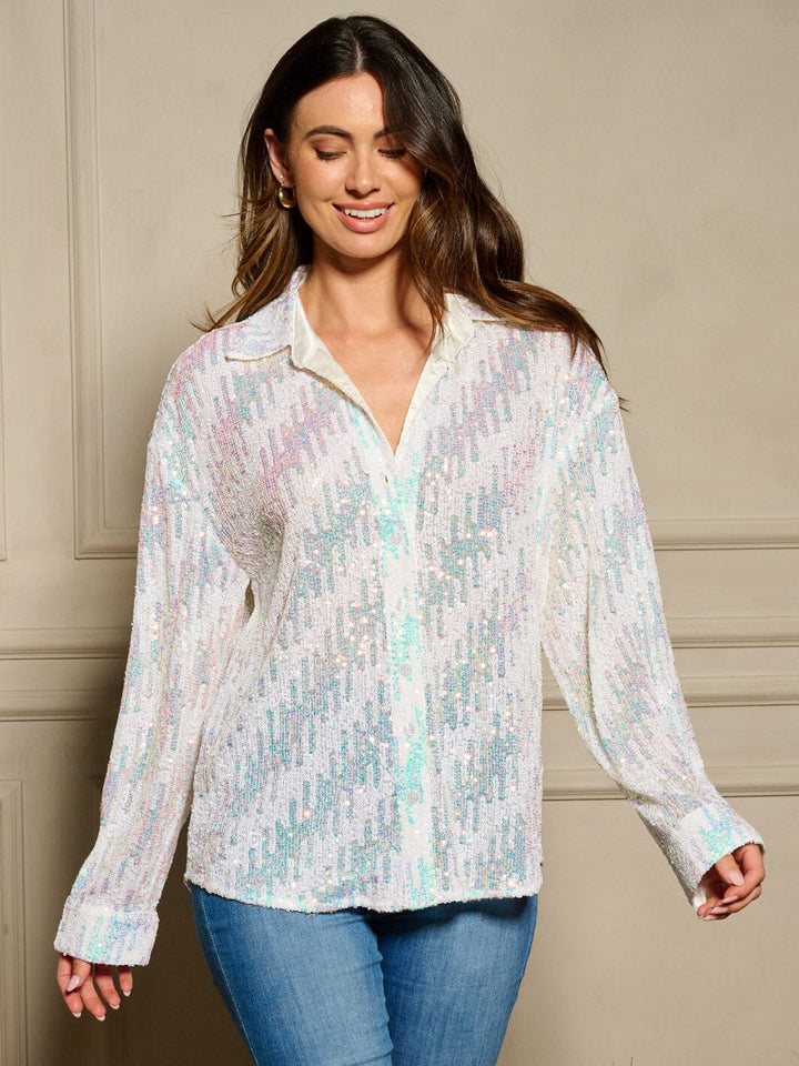 WOMEN'S LONG SLEEVE BUTTON UP SEQUINS OVERSIZE BLOUSE TOP