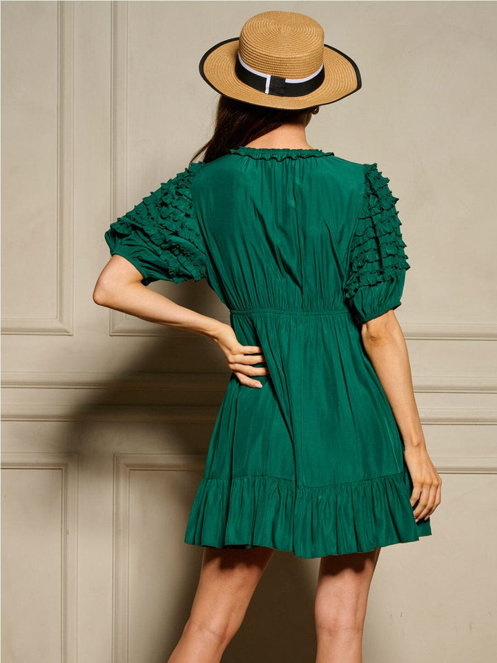 WOMEN'S SHORT SLEEVE V-NECK ELASTIC WAIST MINI DRESS