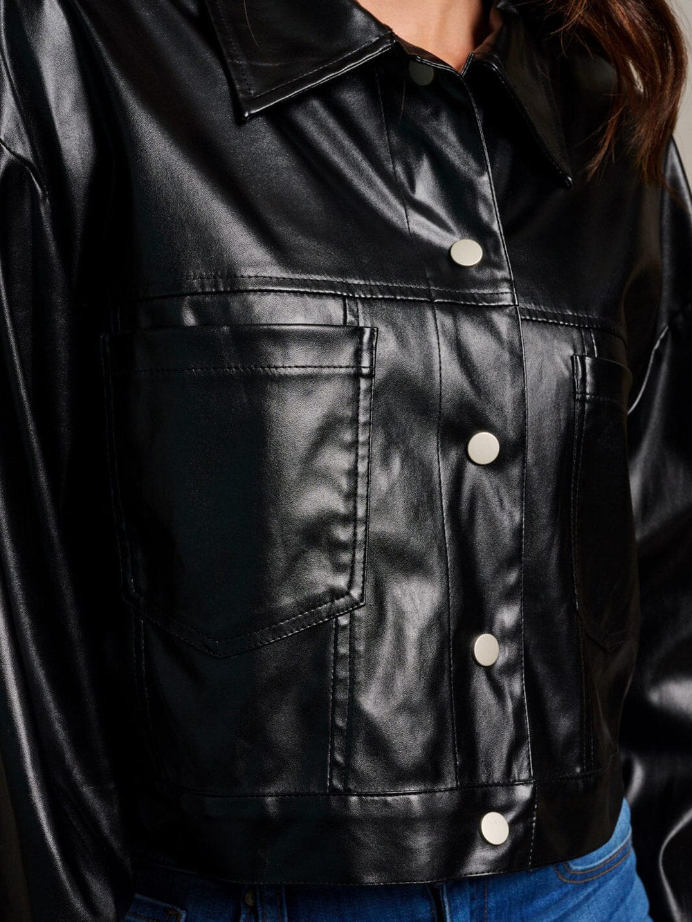 WOMEN'S LONG SLEEVE BUTTON CLOSURE POCKETS PU PLEATHER JACKET