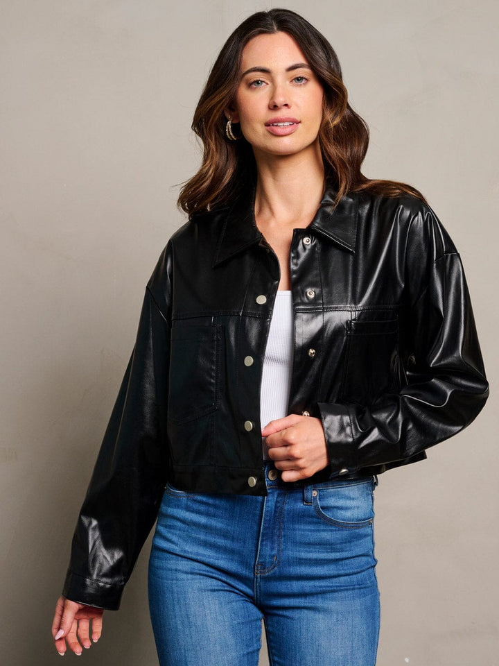 WOMEN'S LONG SLEEVE BUTTON CLOSURE POCKETS PU PLEATHER JACKET