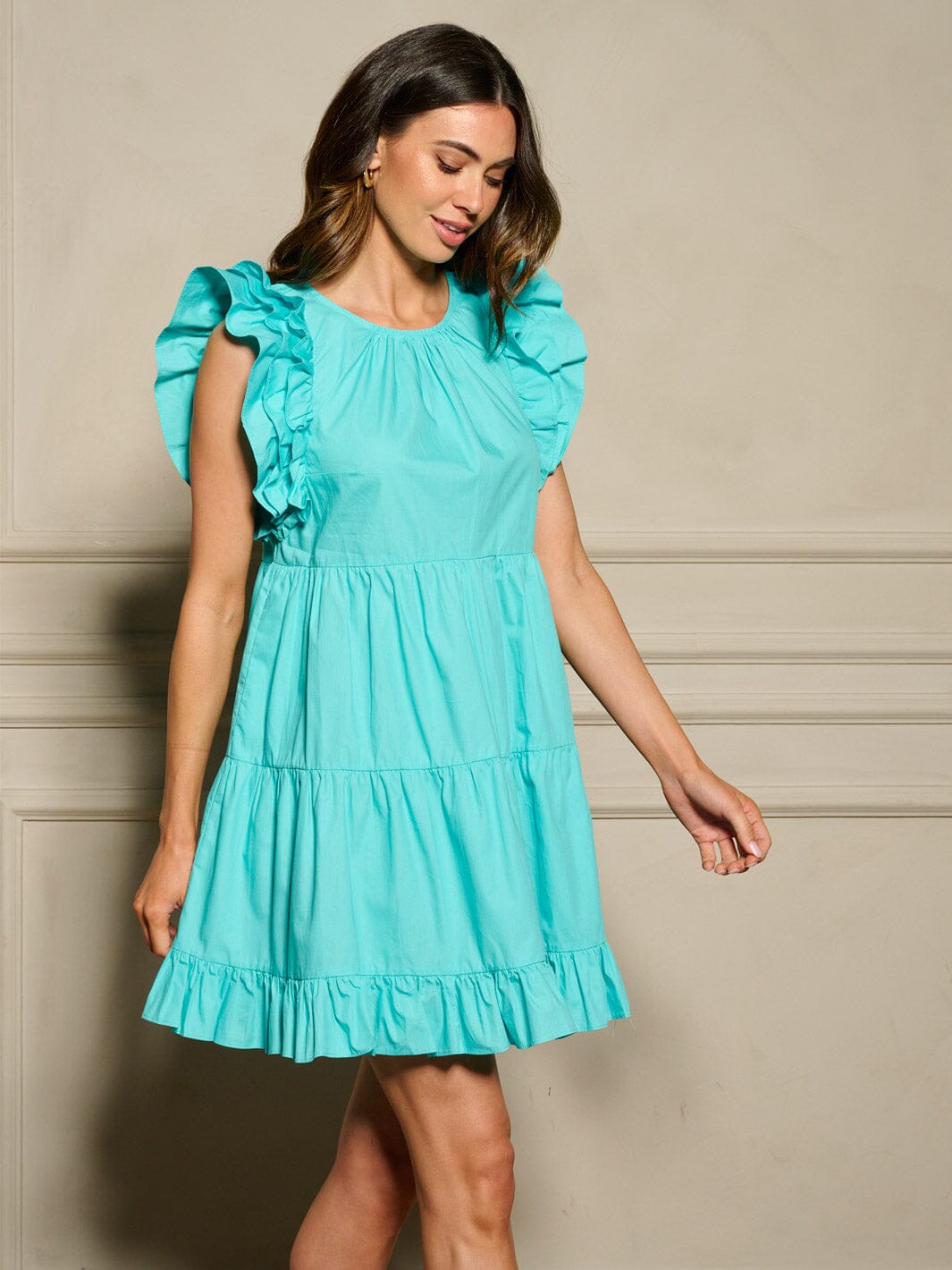 WOMEN'S RUFFLE SLEEVE POCKETS TIERED MINI DRESS