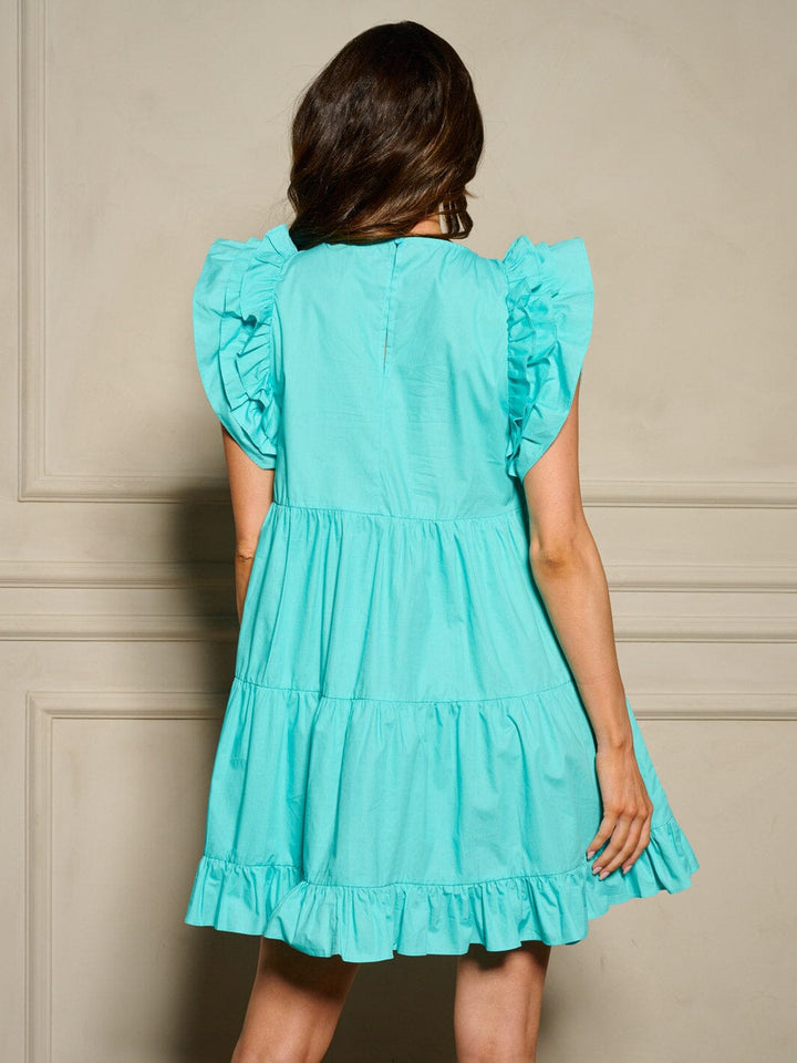 WOMEN'S RUFFLE SLEEVE POCKETS TIERED MINI DRESS