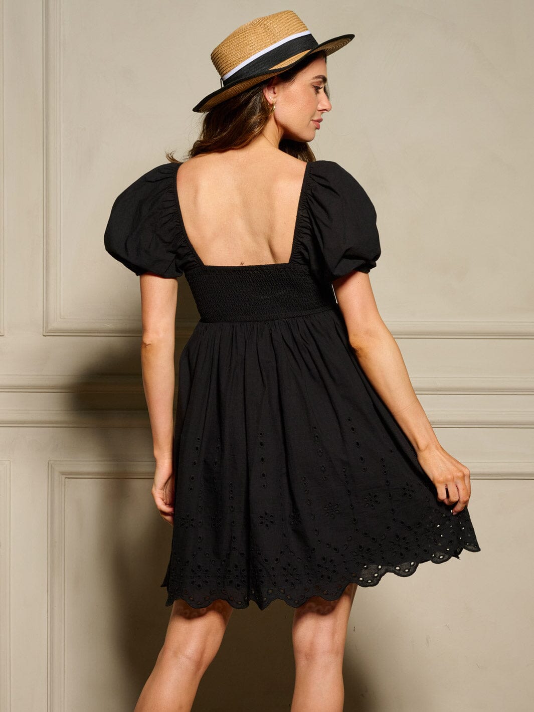 WOMEN'S SHORT PUFF SLEEVES SQUARE NECK SMOCK MINI DRESS