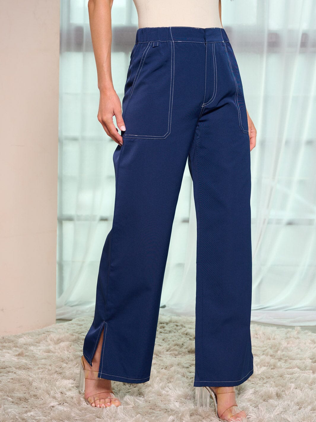 WOMEN'S BUTTON CLOSURE POCKETS WIDE LEG PANTS