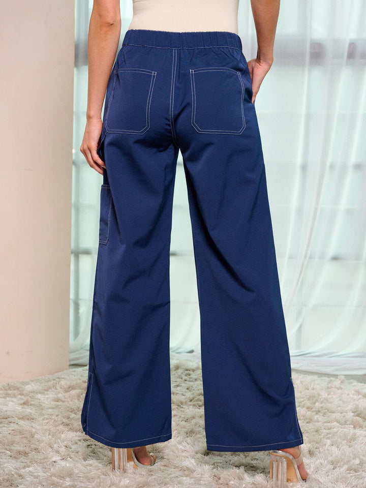 WOMEN'S BUTTON CLOSURE POCKETS WIDE LEG PANTS
