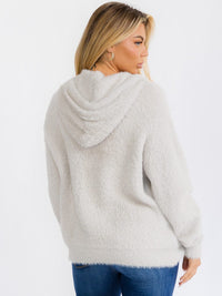 WOMEN'S LONG SLEEVE FRONT POCKET HOODED PULLOVER FUZZY SEATER