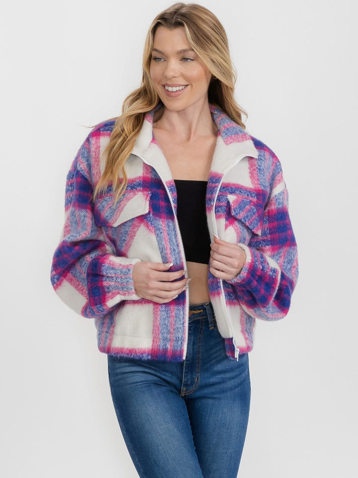 WOMEN'S LONG SLEEVE ZIP UP FRONT POCKETS PLAID JACKET