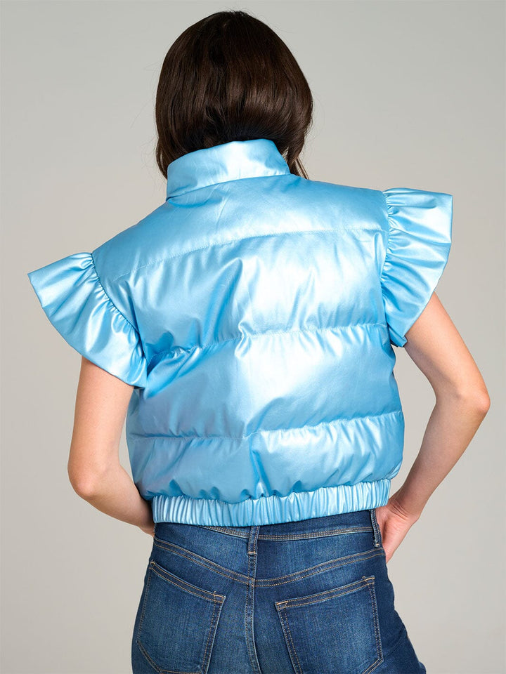 WOMEN'S SHORT RUFFLE SLEEVES ZIPPER CLOSURE FRONT POCKETS PUFFER VEST