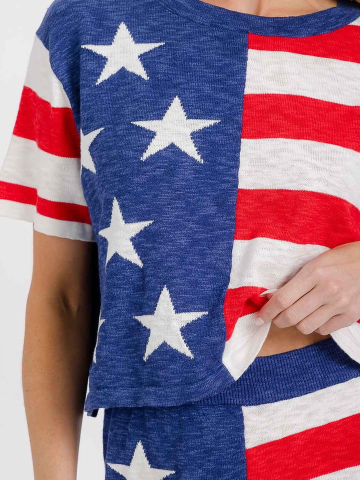 WOMEN'S SHORT SLEEVE COLORBLOCK AMERICAN FLAG TOP