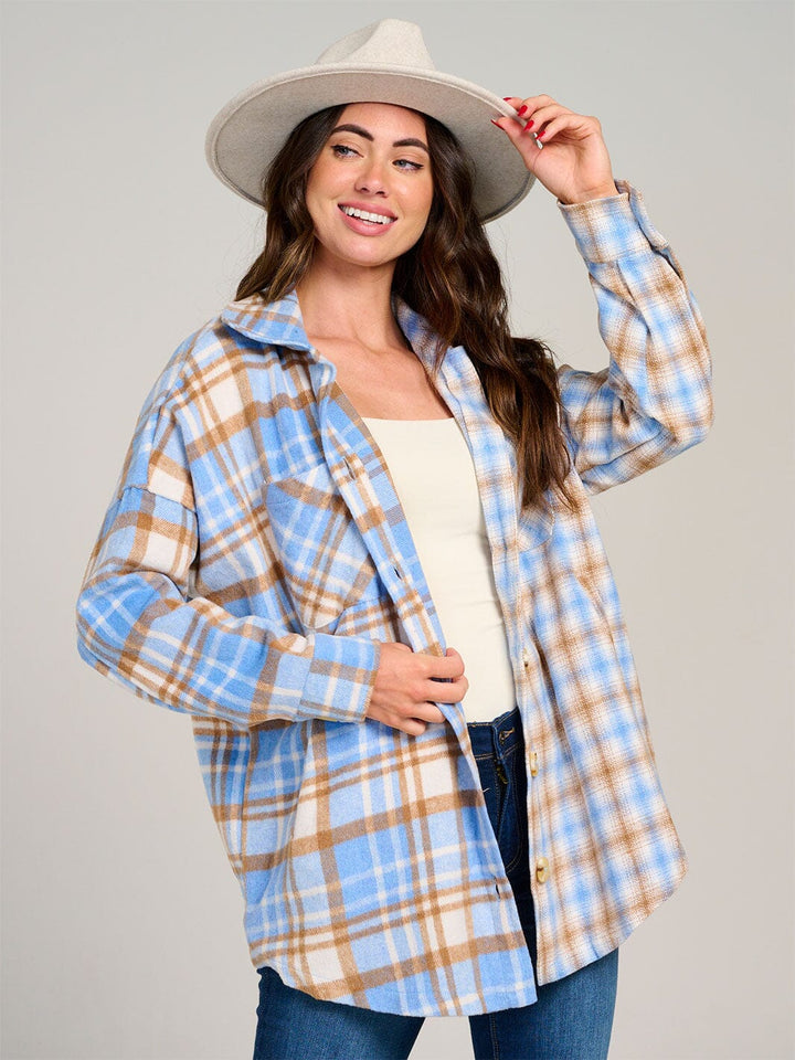 WOMEN'S LONG SLEEVE FRONT POCKET BUTTON UP PLAID SHACKET