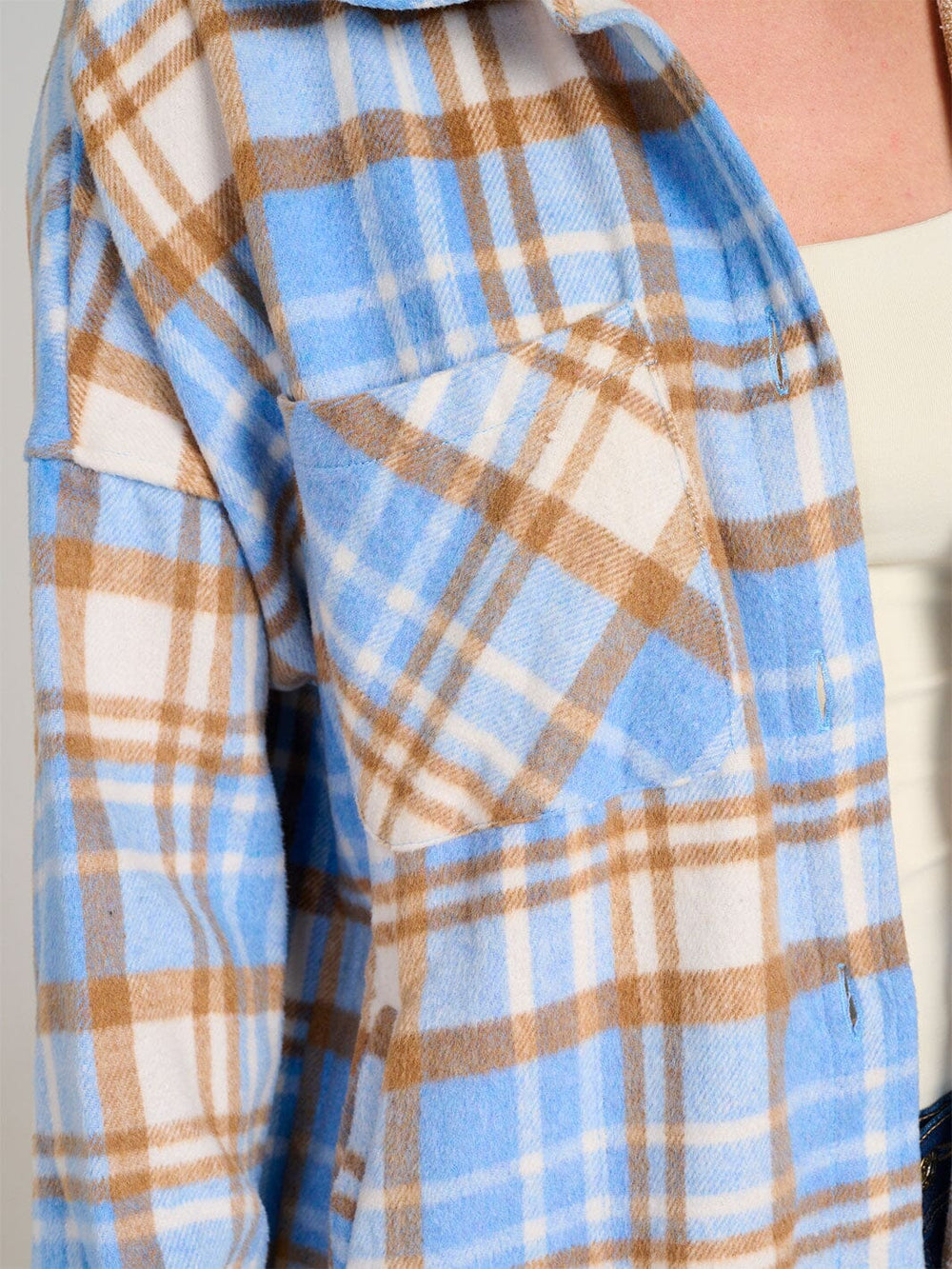 WOMEN'S LONG SLEEVE FRONT POCKET BUTTON UP PLAID SHACKET