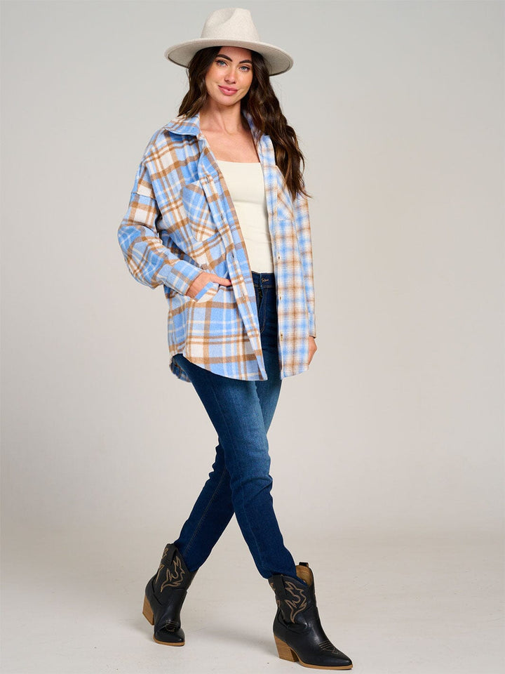 WOMEN'S LONG SLEEVE FRONT POCKET BUTTON UP PLAID SHACKET