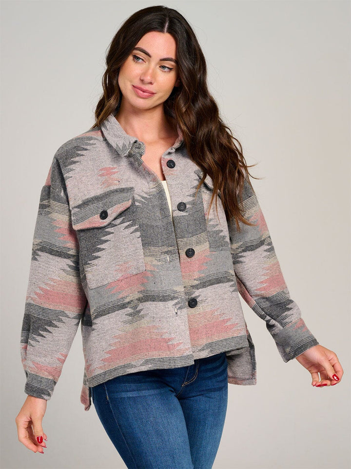 WOMEN'S LONG SLEEVE FRONT POCKET BUTTON UP HIGH-LOW PRINTED SHACKET