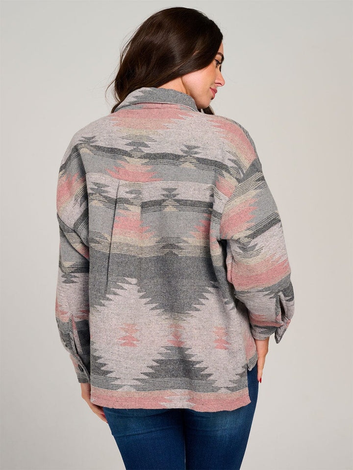 WOMEN'S LONG SLEEVE FRONT POCKET BUTTON UP HIGH-LOW PRINTED SHACKET