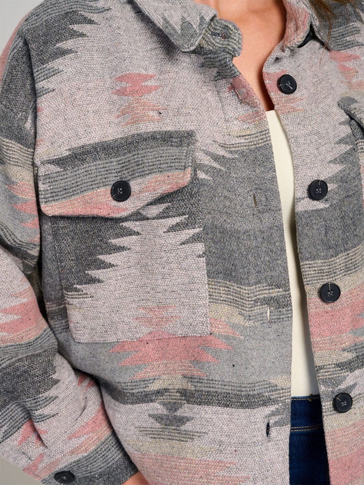 WOMEN'S LONG SLEEVE FRONT POCKET BUTTON UP HIGH-LOW PRINTED SHACKET