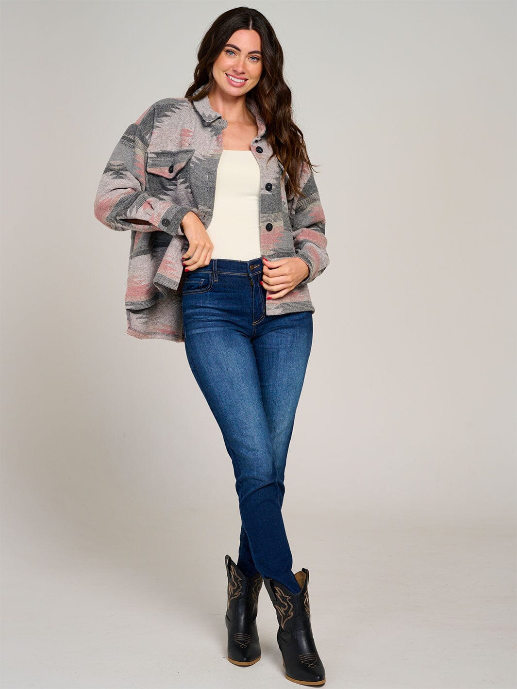 WOMEN'S LONG SLEEVE FRONT POCKET BUTTON UP HIGH-LOW PRINTED SHACKET