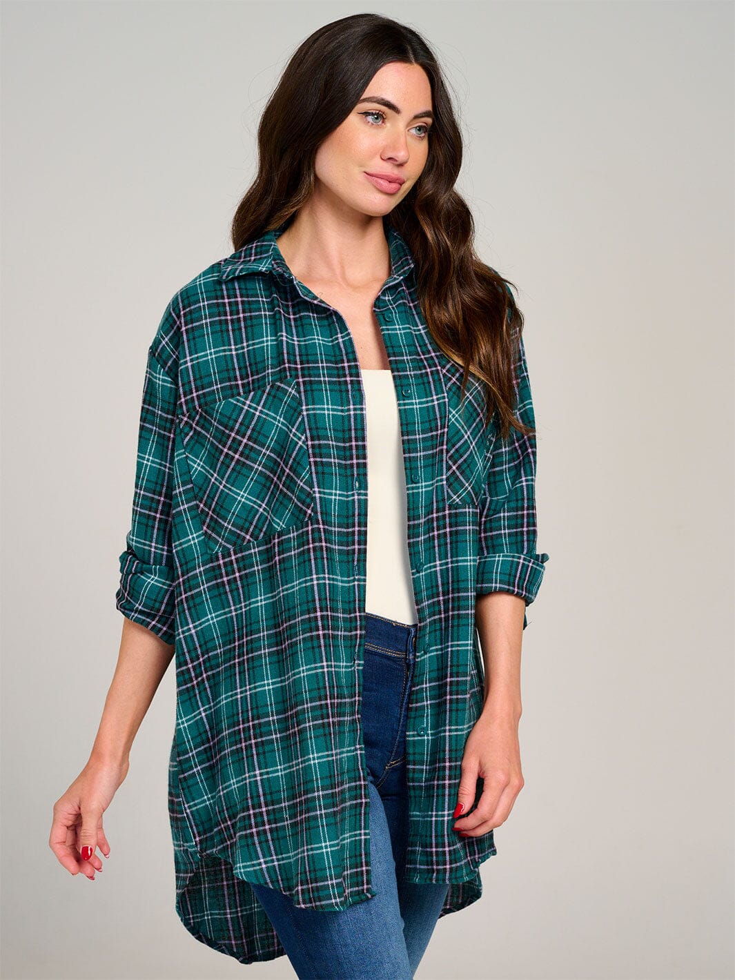 WOMEN'S LONG SLEEVE HIGH-LOW BUTTON UP OPEN BACK PLAID SHIRT