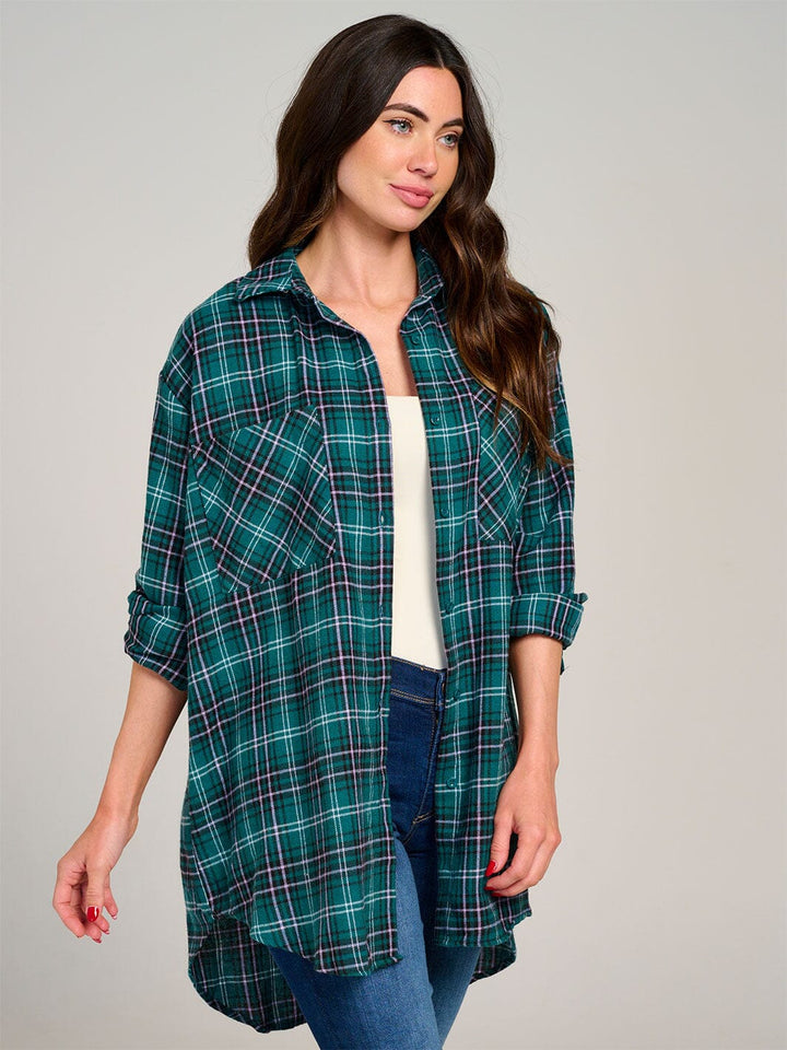 WOMEN'S LONG SLEEVE HIGH-LOW BUTTON UP OPEN BACK PLAID SHIRT