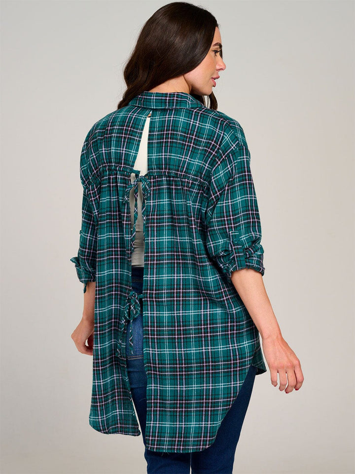WOMEN'S LONG SLEEVE HIGH-LOW BUTTON UP OPEN BACK PLAID SHIRT