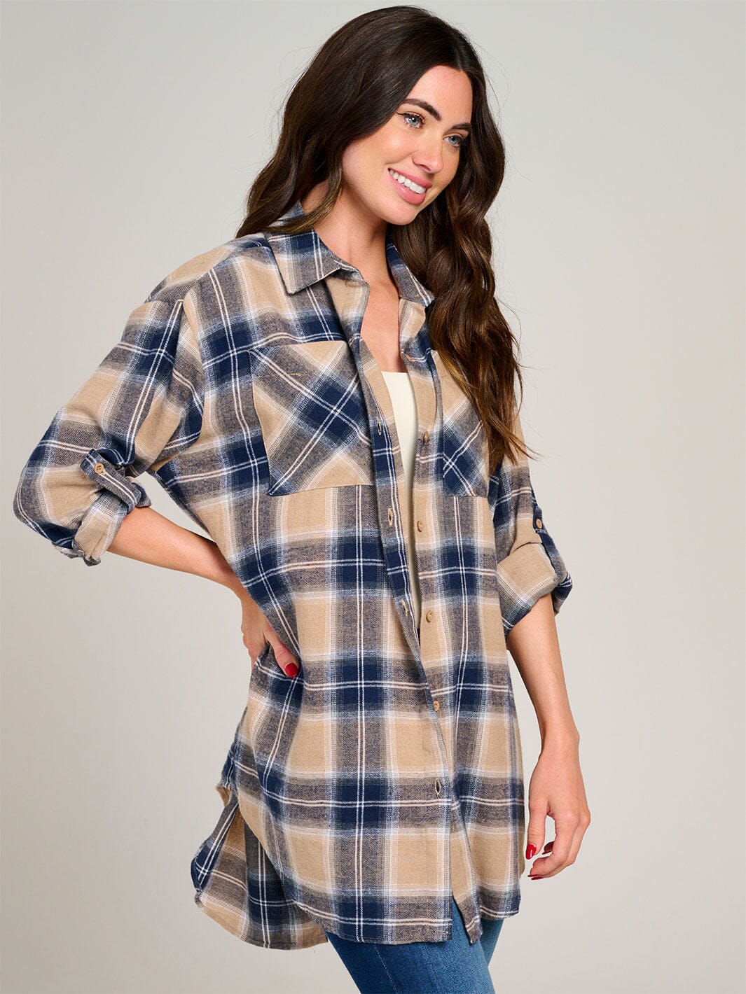 WOMEN'S LONG SLEEVE HIGH-LOW BUTTON UP OPEN BACK PLAID SHIRT