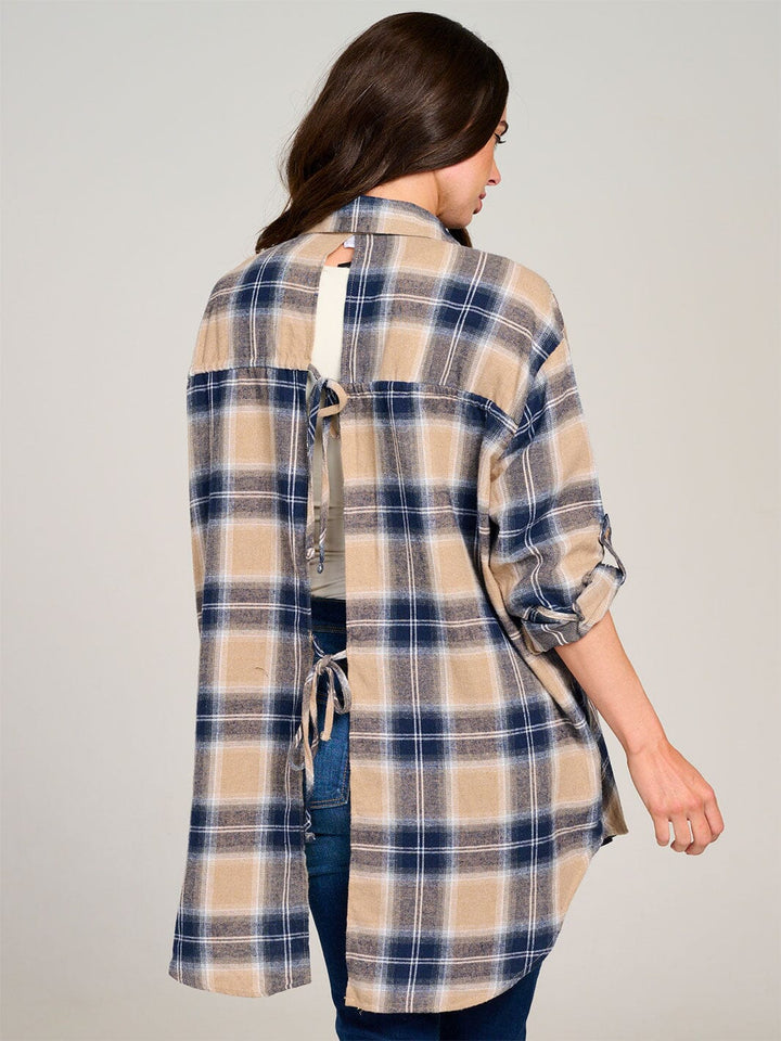 WOMEN'S LONG SLEEVE HIGH-LOW BUTTON UP OPEN BACK PLAID SHIRT