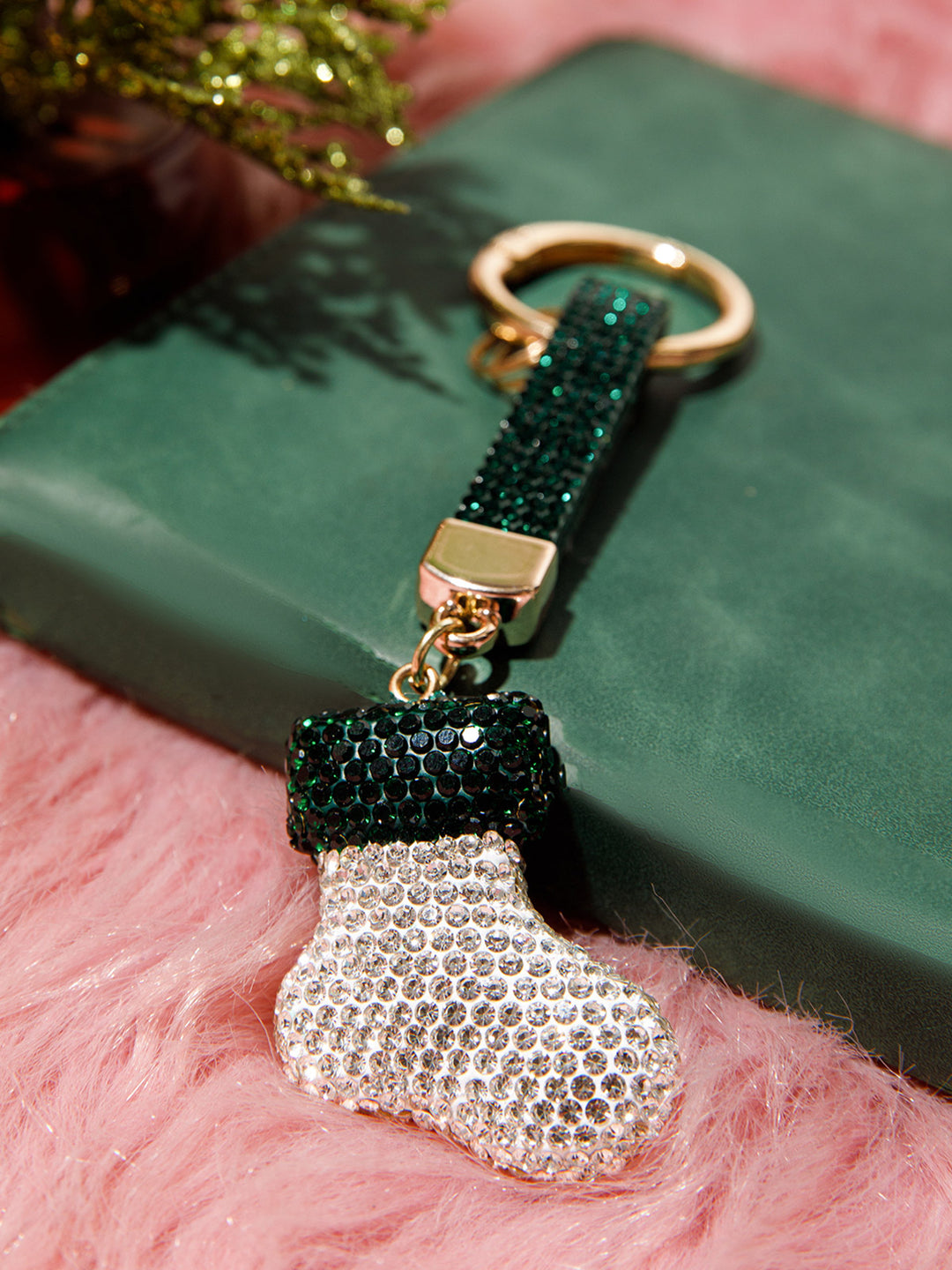 CHRISTMAS SANTA CLAUS BOOT RHINESTONES PENDANT KEYCHAIN