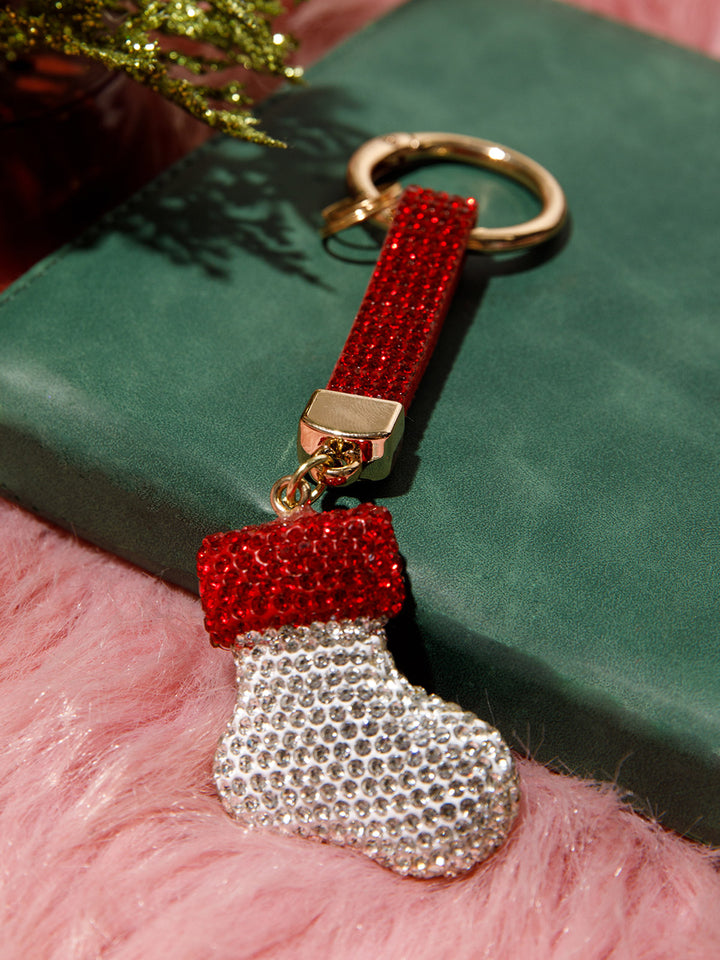 CHRISTMAS SANTA CLAUS BOOT RHINESTONES PENDANT KEYCHAIN