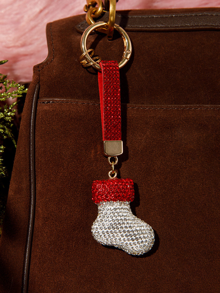 CHRISTMAS SANTA CLAUS BOOT RHINESTONES PENDANT KEYCHAIN