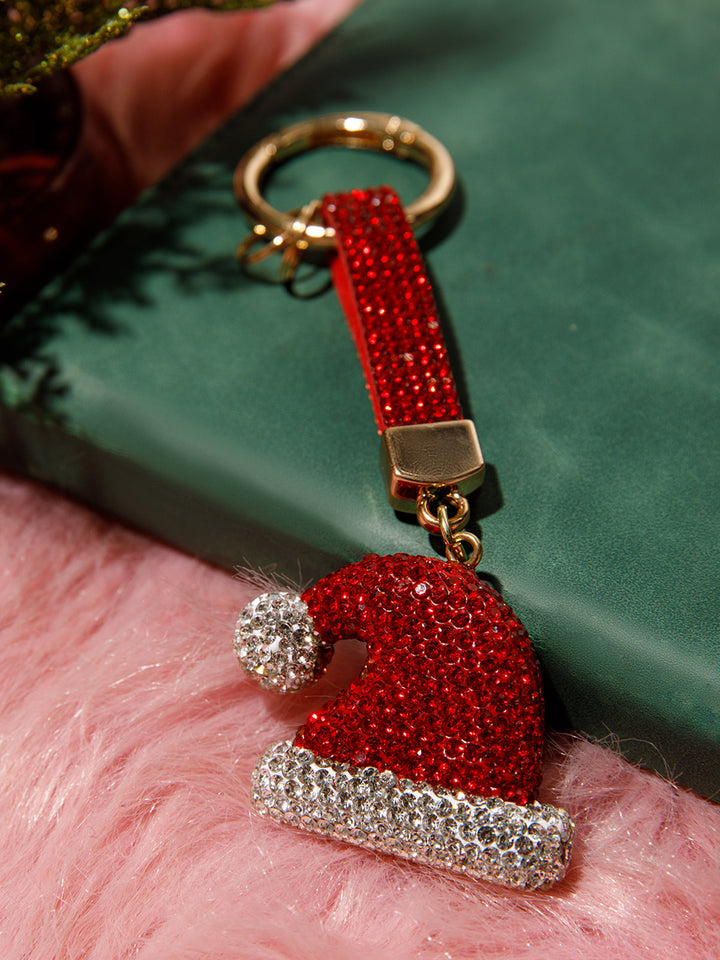 CHRISTMAS SANTA CLAUS HAT RHINESTONES PENDANT KEYCHAIN