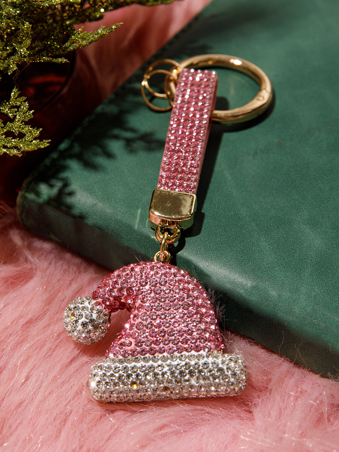 CHRISTMAS SANTA CLAUS HAT RHINESTONES PENDANT KEYCHAIN