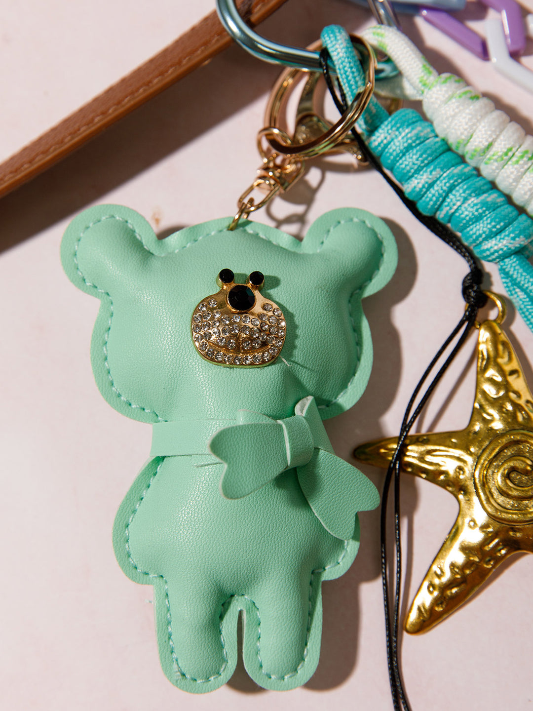 FASHION PU LEATHER TEDDY BEAR MULTI PENDANT KEYCHAIN