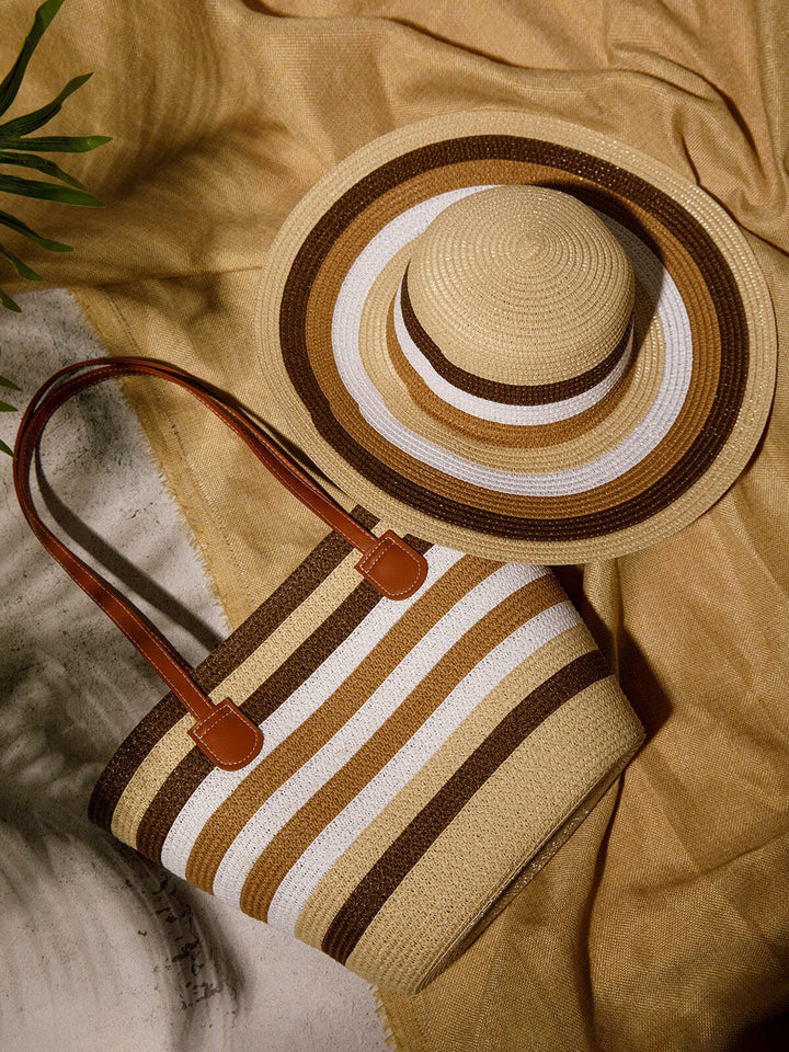 WOMEN'S STRAW SUN HAT WITH MATCHING WOVEN COLORBLOCK TOTE BAG