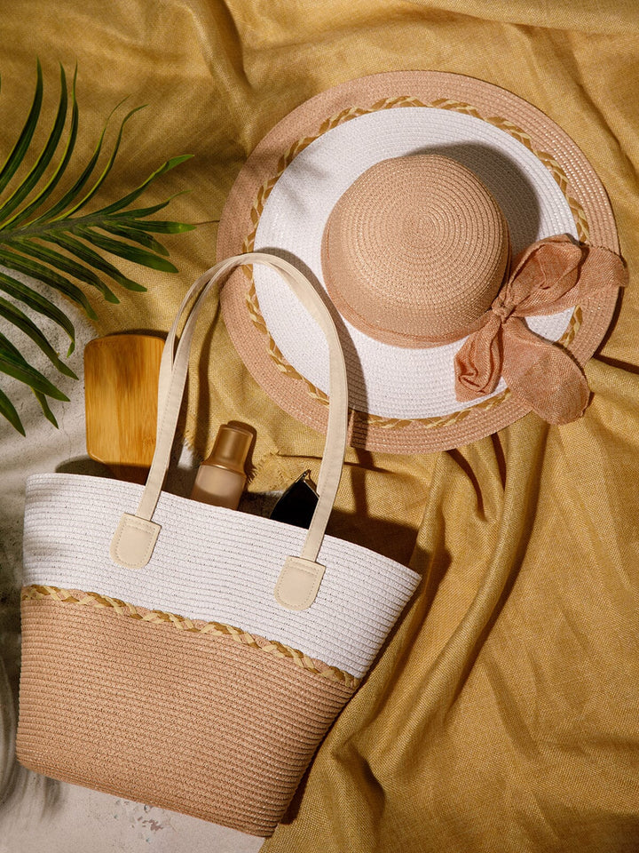 WOMEN'S STRAW SUN HAT WITH MATCHING WOVEN COLORBLOCK TOTE BAG
