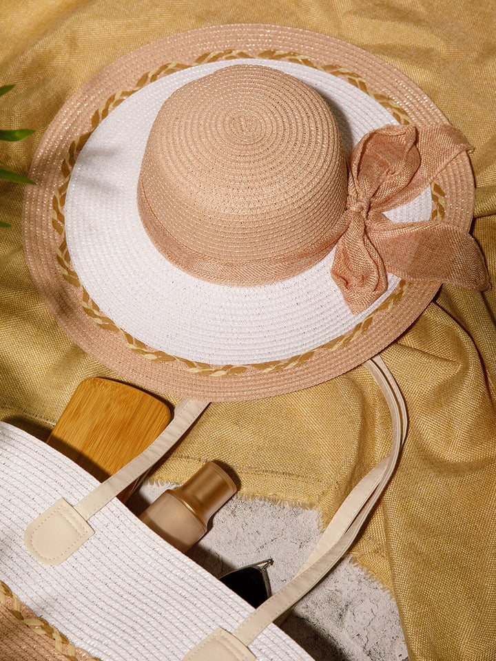 WOMEN'S STRAW SUN HAT WITH MATCHING WOVEN COLORBLOCK TOTE BAG