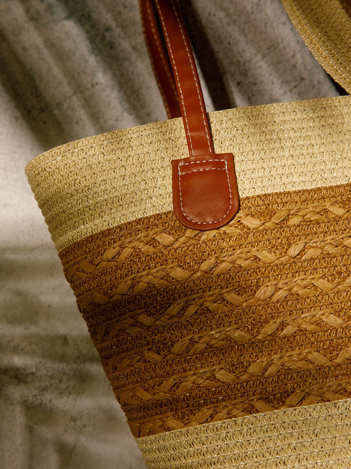 WOMEN'S STRAW SUN HAT WITH MATCHING WOVEN COLORBLOCK TOTE BAG