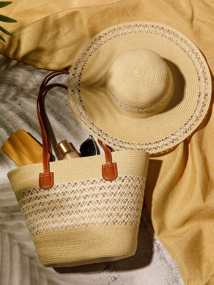 WOMEN'S STRAW SUN HAT WITH MATCHING WOVEN COLORBLOCK TOTE BAG