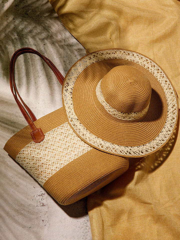 WOMEN'S STRAW SUN HAT WITH MATCHING WOVEN COLORBLOCK TOTE BAG