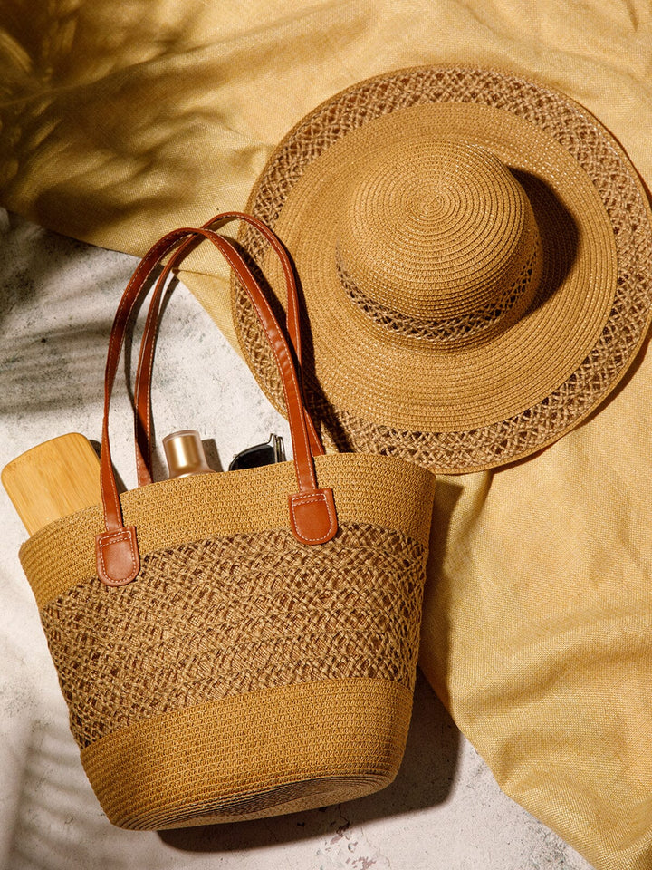 WOMEN'S STRAW SUN HAT WITH MATCHING WOVEN COLORBLOCK TOTE BAG