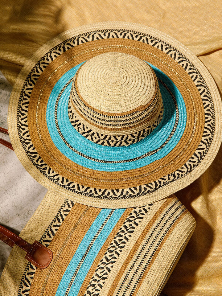 WOMEN'S STRAW SUN HAT WITH MATCHING WOVEN COLORBLOCK TOTE BAG