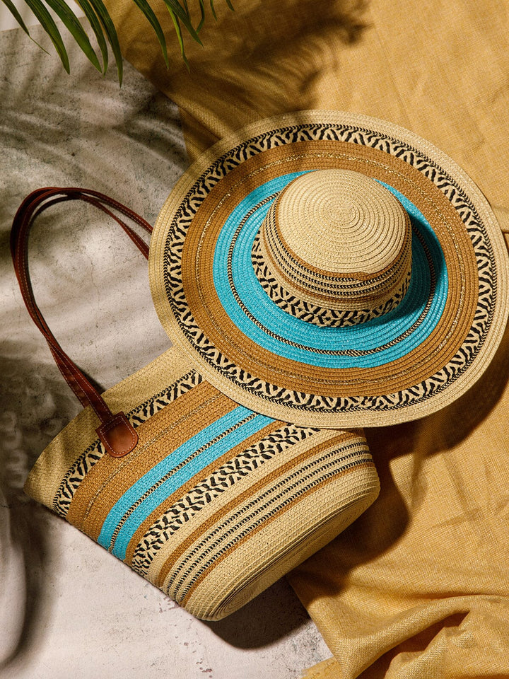 WOMEN'S STRAW SUN HAT WITH MATCHING WOVEN COLORBLOCK TOTE BAG