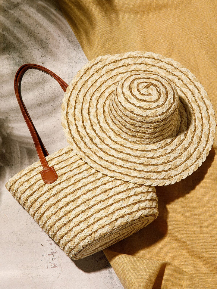 WOMEN'S STRAW SUN HAT WITH MATCHING WOVEN COLORBLOCK TOTE BAG