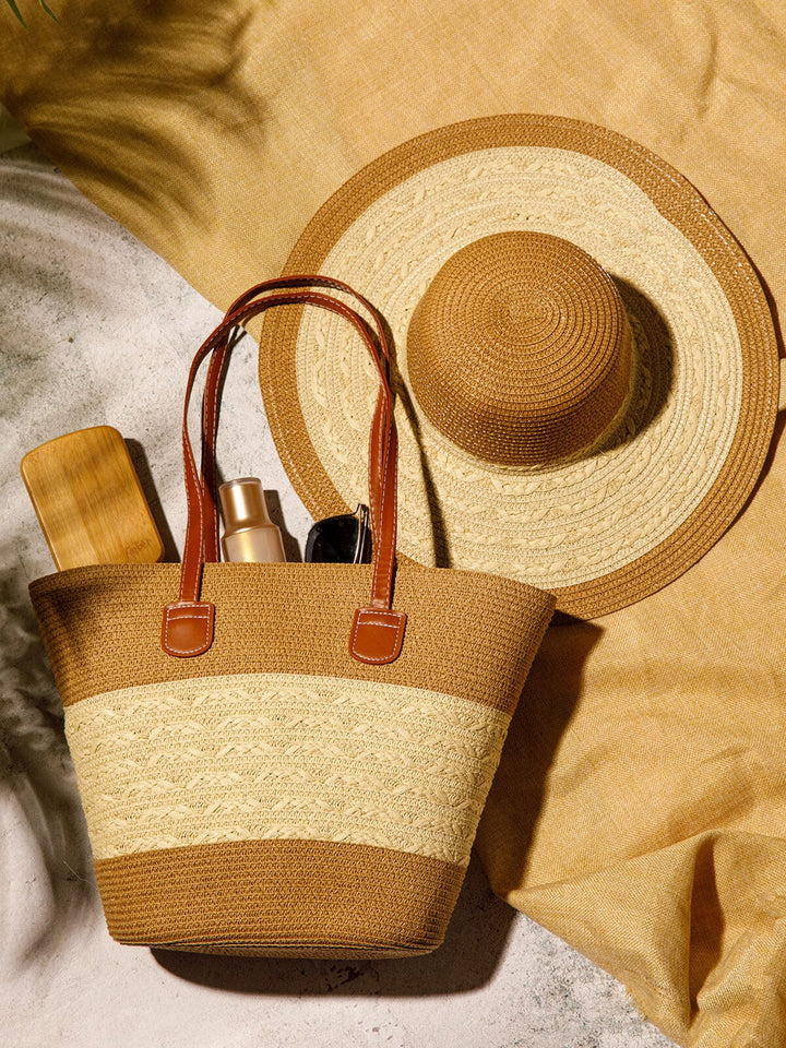 WOMEN'S STRAW SUN HAT WITH MATCHING WOVEN COLORBLOCK TOTE BAG