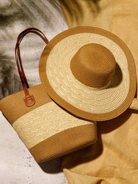WOMEN'S STRAW SUN HAT WITH MATCHING WOVEN COLORBLOCK TOTE BAG