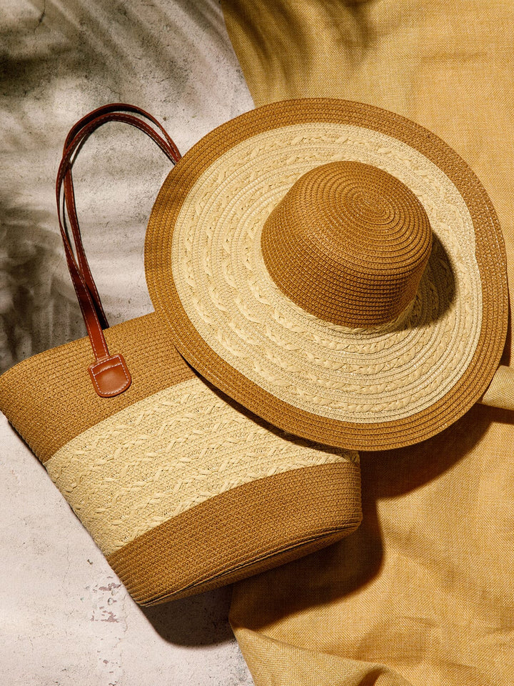 WOMEN'S STRAW SUN HAT WITH MATCHING WOVEN COLORBLOCK TOTE BAG