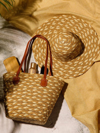 WOMEN'S STRAW SUN HAT WITH MATCHING WOVEN COLORBLOCK TOTE BAG