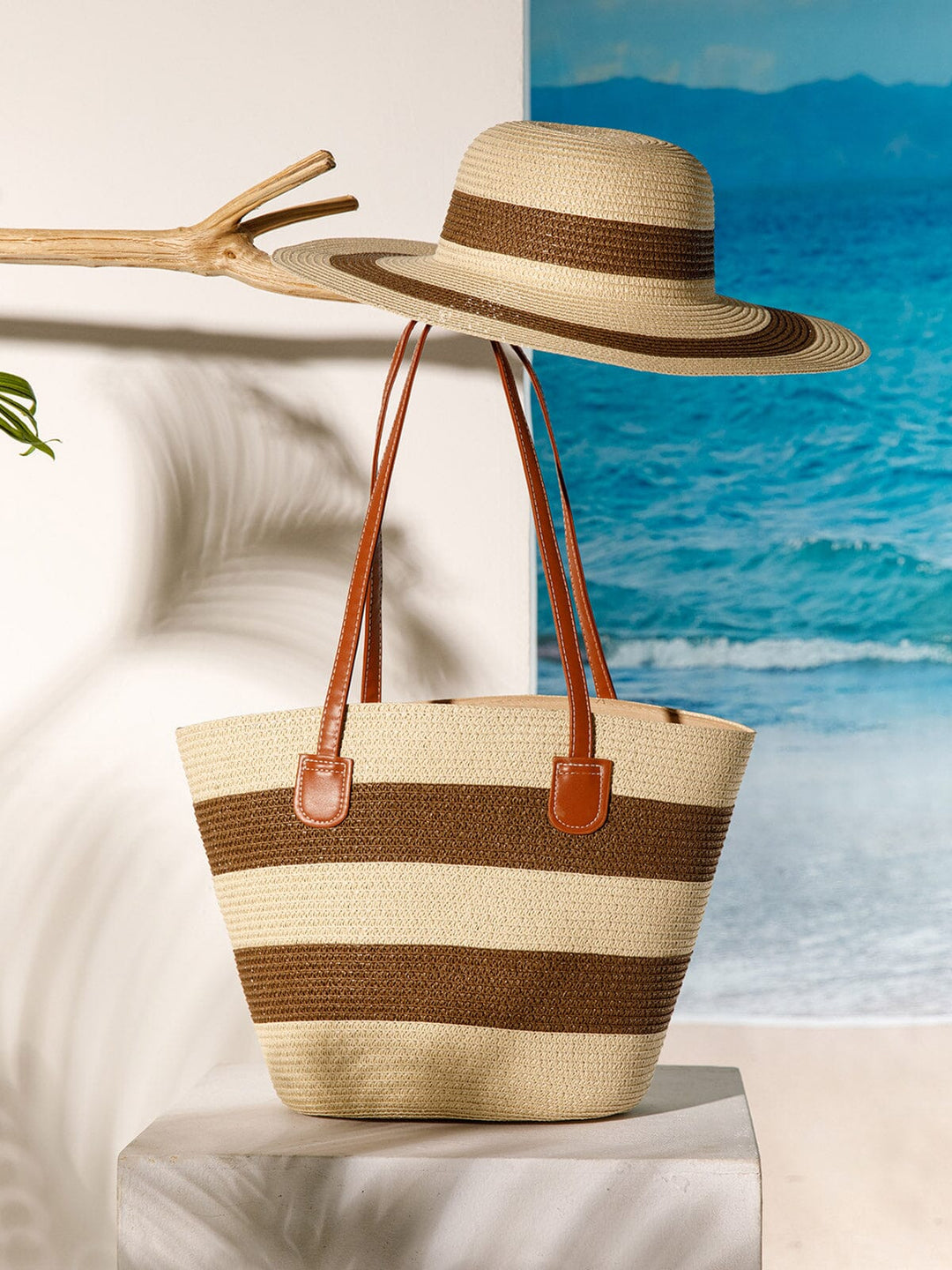 WOMEN'S STRAW SUN HAT WITH MATCHING WOVEN COLORBLOCK TOTE BAG