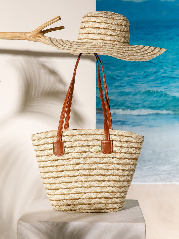 WOMEN'S STRAW SUN HAT WITH MATCHING WOVEN COLORBLOCK TOTE BAG